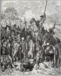 Don Quijote en Sancho met het eskadron van de balkende dorpelingen - uit 