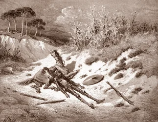 Don Quichot na zijn afranseling, Quichot roept om zijn ideale dame Dulcinea del Toboso. Gravure door Gustave Doré voor 