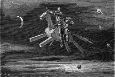Don Quichot en Sancho Panza in de lucht, tussen de maan en de sterren, rijdend op het houten paard Clavilegne. Gravure door Gustave Doré ter illustratie van de 1869 Hachette editie van het boek "De vernuftige edelman Don Quichot van La Mancha"