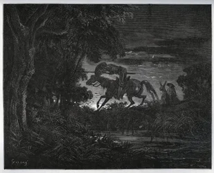 Don Quichot en Sancho Panza aan het begin van het avontuur in een dicht en onbekend bos - uit "Don Quichot de la Mancha" door Miguel Cervantes (1547-1616) - Houtsnede naar tekening van Gustave Dore