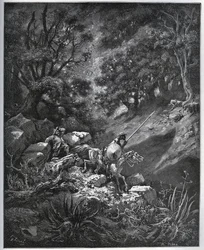 Don Quichot en Sancho Panza vervolgen hun reis in Sierra Morena op zoek naar de Deguenille-de-la-Malaise-Mijn - uit "Don Quichot de la Mancha" door Miguel Cervantes (1547-1616) - Houtsnede naar tekening van Gustave Dore