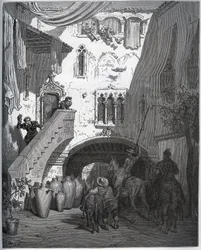 Don Quichot en Sancho Panza, uitgenodigd door Don Diego de Miranda thuis, worden verwelkomd door de vrouw en zoon van de heer - uit "Don Quichot de la Mancha" door Miguel Cervantes (1547-1616) - Houtsnede naar tekening van Gustave Dore