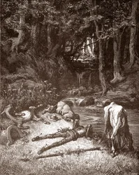 Don Quichot en Sancho Panza verfrissen zich bij een beek Gravure door Gustave Dore voor 