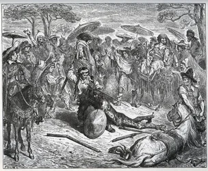 Don Quichot verslagen in het midden van een groep kooplieden - De muilezelmaker had de smaak van het spel te pakken - uit "Don Quichot van La Mancha" van Miguel Cervantes
