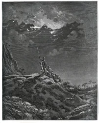 Don Quichot gaat op missie voor Dorothee, vergezeld door Sancho Panza, barbier, Dorothee, pastoor en Cardenio - uit 