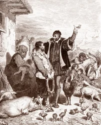 Don Quichot overtuigt zijn buurman Sancho Panza om zijn schildknaap te worden door hem te beloven hem gouverneur te maken van een veroverd eiland. Gravure door Gustave Doré (1832-1883) voor 