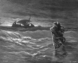 Gravure van Jezus die op water loopt
