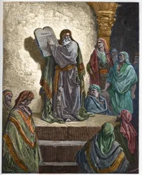 Ezra de schriftgeleerde leest de Wet voor aan het volk - gravure in „De geïllustreerde Bijbel“ van Gustave Doré (1832-1883) - gravure uit „De Doré-bijbel“