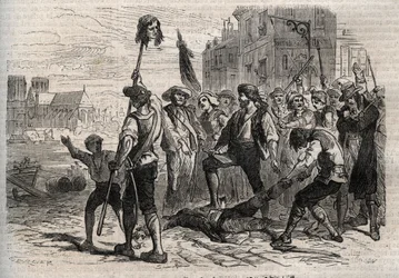 Franse Revolutie: De dood van Jacques de Flesselles, graaf van Brégy (1730-1789), Franse bestuurder, prévôt des marchands op de trappen van het stadhuis in Parijs op 14 juli 1789 - De dood van Jacques de Flesselles, provoost van de kooplieden van Parijs