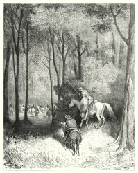 Don Quichot zag een gezelschap, dat hij bij nader inzien als personen van kwaliteit beschouwde (gravure)