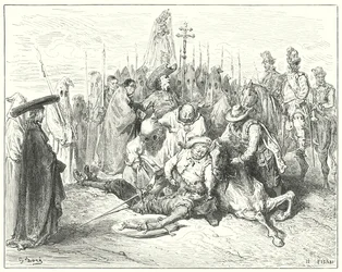 De jammerlijke klanken van de stem van de schildknaap riepen Don Quichot eindelijk tot zichzelf (gravure)