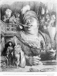 Echter, vier van zijn mensen gooiden mosterd in zijn mond, de een na de ander, voortdurend, volgeschept. Uittreksel uit Gargantua door François Rabelais (1483 - 1553), gravure door Gustave Doré (1832-1883)