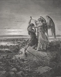 Jakob worstelt met de engel, Genesis 32:24-32, illustratie uit Dore