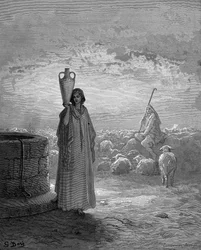 Jakob, die de kudden van Laban hoedt, ziet Rachel bij de bron. Genesis 29. Uit de geïllustreerde Bijbel van Gustave Doré 1866. Houtsnede