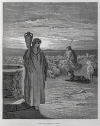 Jacob ziet Rachel bij de bron van Labans huis, Illustratie uit de Dore Bijbel