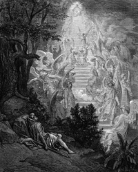Jakobs droom van een trap die naar de hemel leidt met God bovenaan, 1865-1866