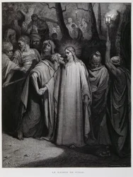 Judas verraadt Jezus met een kus; illustratie uit de Doré-Bijbel