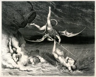 De Hel (La divina commedia) door Dante Alighieri geïllustreerd door Gustave Dore. Editie Hachette 1861 - Demon - Franse vertaling door Pier-Angelo Fiorentino.... Si mosse, e grido: Tu se 
