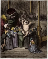 De geboorte van Gargantua - illustratie uit ‘Gargantua en Pantagruel’ van François Rabelais - gravure van Gustave Doré (1832-1883)