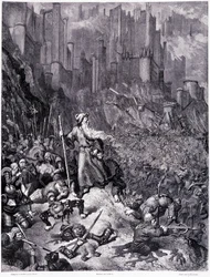 Les battailles, plaat IX - Illustratie door Gustave Doré (1832-1883), voor La legende du Jeif wandering door Pierre Dupont, editie Librairie du magasin pittoresque, Parijs 1862