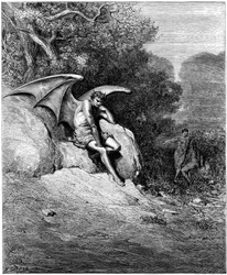 Lucifer (Satan, gevallen engel, uit de hemel op aarde gevallen), afgebeeld terwijl hij Adam en Eva verleidt. Illustratie van Gustave Doré voor "Paradise Lost" van John Milton (1608-1674). Gravure uit 1866. Privécollectie