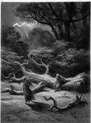 Merlijn en Viviane in het bos van Brocéliande (Cyclus van de ridders van de Ronde Tafel) - in «Viviane» van Alfred Tennyson, illustratie door G. Doré