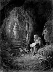 Merlijn ontdekt door de officieren van koning Arthur in het woud van Brocéliande (Cyclus van de ridders van de Ronde Tafel) - in Viviane van Alfred Tennyson, illustratie van G. Doré