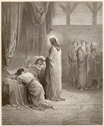 Wonder: Jezus Christus genas de dochter van Jaire (Jairus of Jairos). Gravure uit de Bijbel geïllustreerd door Gustave Dore (1832-1883)