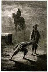 Nachtduel in het maanlicht tussen Baron de Sigognac en Jacquemin Lampourde, onder het ruiterstandbeeld van de Bronzen Koning. Gravure door Gustave Doré ter illustratie van Théophile Gautier