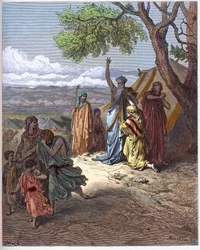 Noach verdrijft Ham - Noach vervloekt Ham - De vloek van Cham - Patriarch Noach vervloekt zijn kleinzoon Kanaän wegens een fout die diens vader Cham op de berg Ararat beging - gravure in «The Bible Illustrée» van Gustave Doré (1832-1883) - gravure uit
