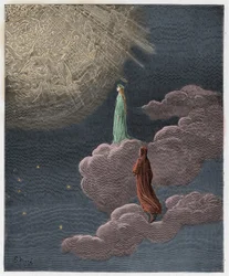 Paradiso, Canto 14: Dante en Beatrice overgebracht naar de sfeer van Mars, illustratie uit "De Goddelijke Komedie" door Dante Alighieri, 1885