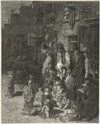 Mensen staan en zitten buiten hun huizen, in een straat, uit 