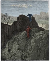 Purgatorio, zang 4: Vergilius leidt Dante langs de ruige berghelling, illustratie uit „De goddelijke komedie“ van Dante Alighieri, 1885