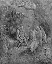 Raphael spreekt met Adam en Eva. Illustratie voor John Miltons Paradise Lost, 1866