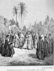 Verzoening van Jakob en Esau. Genesis, XXXIII, 4. Illustratie van Gustave Doré.