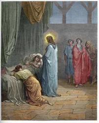 Opstanding van de dochter van Jairus - Jezus wekt de dochter van Jairus op - gravure in 