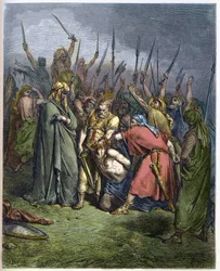 Samuel doodt Agag - De onthoofding van Agag, koning van de Amalekieten, door de profeet Samuel - gravure in „De geïllustreerde Bijbel“ van Gustave Doré (1832-1883) - gravure uit „De Doré-bijbel“