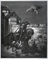 Sancho Panza wordt voor de gek gehouden, en Don Quichot kan niet ingrijpen - uit 