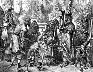 Sindbad de zeeman - verhaal van de duizend-en-een-nachten - illustratie door Gustave Doré (detail) - Maxwell editie 1865 - Proloog: een arme drager (Hinbad) presenteert zich aan Sindbad, die oud en rijk is geworden. De laatste zal hem vertellen