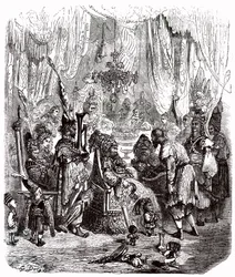 Sindbad de zeeman - verhaal van de duizend-en-een-nacht - illustratie door Gustave Doré - Maxwell editie 1865 - Proloog: een arme drager (Hinbad) presenteert zich voor Sindbad, die oud en rijk is geworden. Deze laatste zal zijn avonturen vertellen