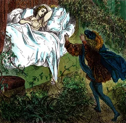 "Doornroosje" Prince Charming nadert de mooie slapende prinses. Gravure van Gustave Dore (1832-1883) voor "Les tales" van Charles Perrault (1628-1703)