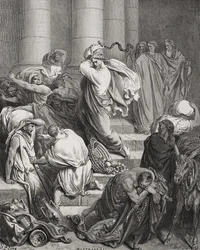 De Kopers en Verkopers uit de Tempel Verdreven, Lucas 19:45-46, illustratie uit Doré