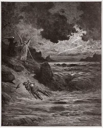 De Goddelijke Komedie, Purgatorio, Canto 5: Het lichaam van Buonconte da Montefeltro in de Arno - door Dante Alighieri (1265-1321) - Illustratie door Gustave Doré (1832-1883)