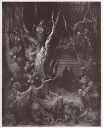 De Goddelijke Komedie, Inferno, Canto 13: De Harpijen in het bos van zelfmoordenaars - door Dante Alighieri (1265-1321) - Illustratie door Gustave Dore (1832-1883)