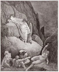 De Goddelijke Komedie (La Divina Commedia, La Divine Comédie), Inferno, Zang 18: Vergilius toont Dante de schim van Thaïs - door Dante Alighieri (1265-1321) - Illustratie door Gustave Doré (1832-1883)