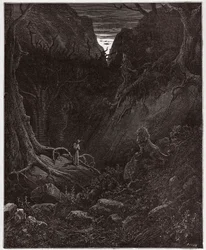 De Goddelijke Komedie (La Divina Commedia), Inferno, Canto 1: De leeuw confronteert Dante plotseling - door Dante Alighieri (1265-1321) - Illustratie door Gustave Doré (1832-1883)