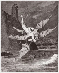 De Goddelijke Komedie, Inferno, Canto 22: Alichino en Calcabrina worstelen boven de pek - door Dante Alighieri (1265-1321) - Illustratie door Gustave Dore (1832-1883)