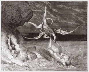 De Goddelijke Komedie, Inferno, zang 22: Ciampolo ontsnapt aan de demon Alichino in de vijfde bolgia - van Dante Alighieri (1265-1321) - Illustratie door Gustave Doré (1832-1883)