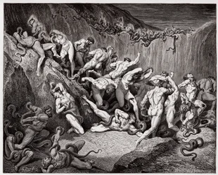De Goddelijke Komedie, Inferno, Canto 24: De dieven gekweld door slangen - door Dante Alighieri (1265-1321) - Illustratie door Gustave Doré (1832-1883)