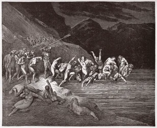 De Goddelijke Komedie (La Divina Commedia, La Divine Comedie), Inferno, Canto 3: De verdoemde zielen die zich inschepen om de Acheron over te steken - door Dante Alighieri (1265-1321) - Illustratie door Gustave Doré (1832-1883)